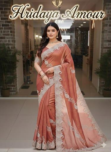 Model in a rose satin saree with scalloped embroidery border