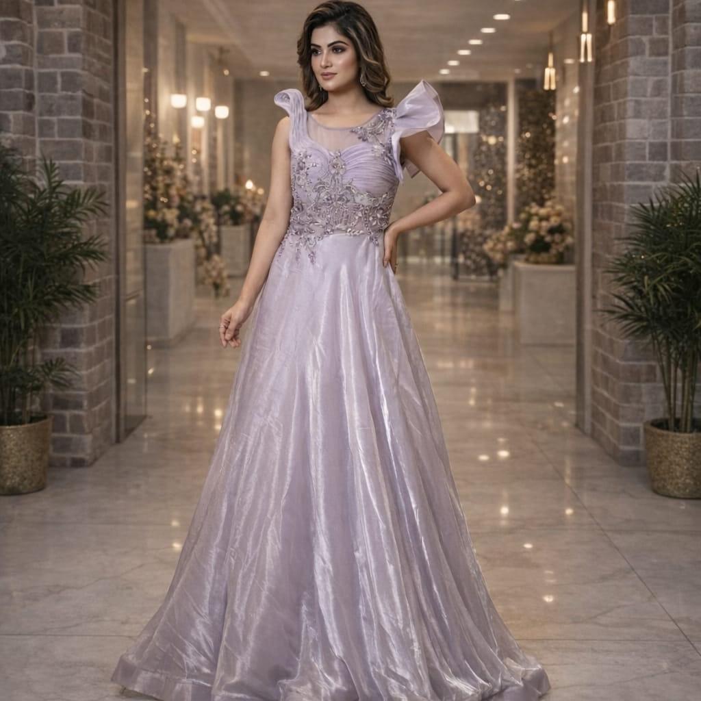 Model in a lilac embellished evening gown with sculpted shoulder detailing